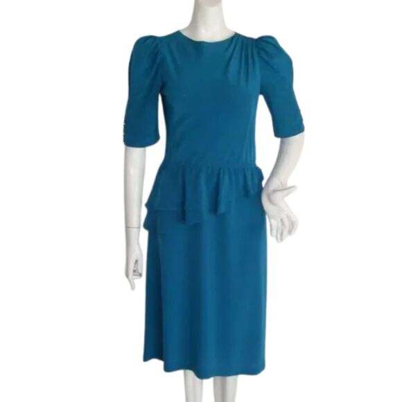 CHARLEE ALLISON Dress, S/XS, Blue, Asym Peplum, Gathered shoulder, VINTAGE - Picture 1 of 11